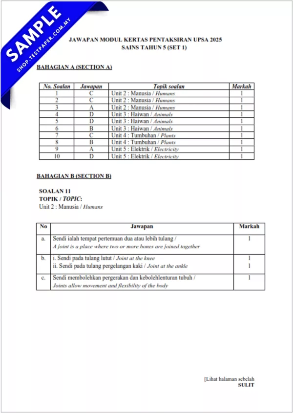 Sumber Ujian UPSA Sains Tahun 5 2025-2026 Dalam Word+PDF Untuk Pertengahan Tahun