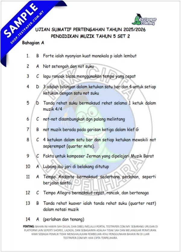 Bahan Soalan Muzik Tahun 5 Pertengahan Tahun 2025-2026 USPT Ada JSU