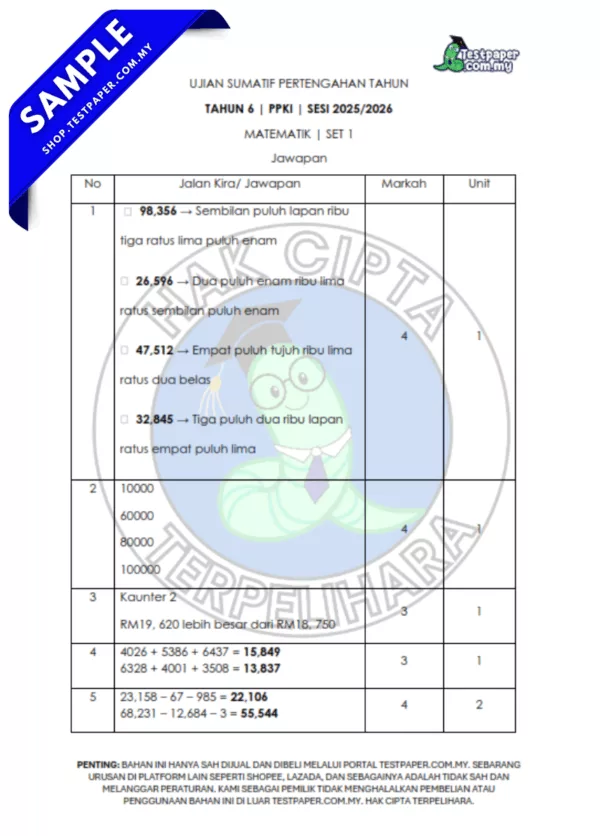 Dokumen Ujian Matematik Tahun 6 PPKI 2025-2026 Pertengahan Tahun Word PDF