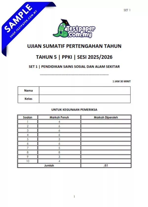 Koleksi Ujian Sains Sosial UPSA PPKI Tahun 5 2025-2026 Terkini Dalam PDF dan Word