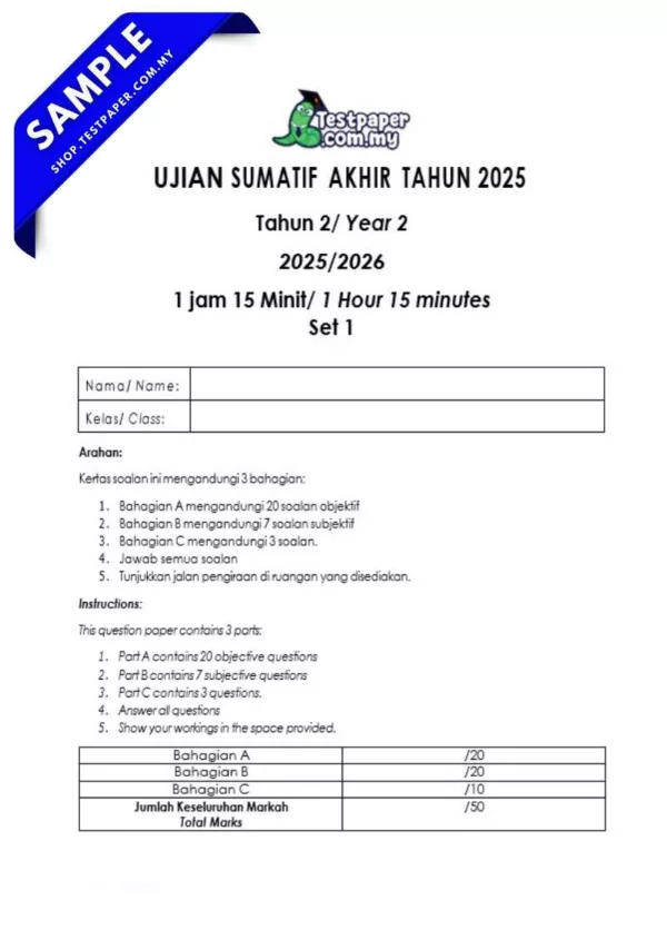 Download Ujian Akhir Matematik Tahun 2 2025 Disediakan Dalam PDF dan Word Berserta JSU