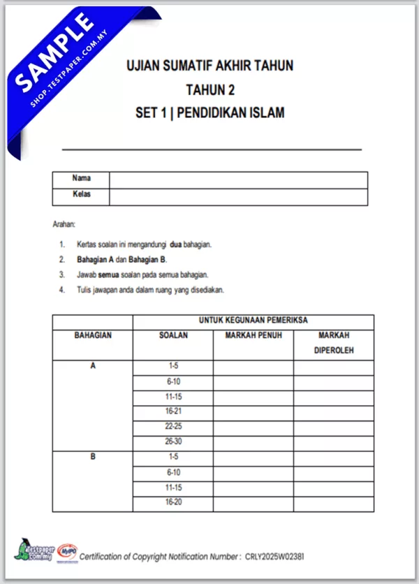 Download Ujian Akhir Pendidikan Islam Tahun 2 2025 yang Ada Dalam Word dan PDF Serta JSU