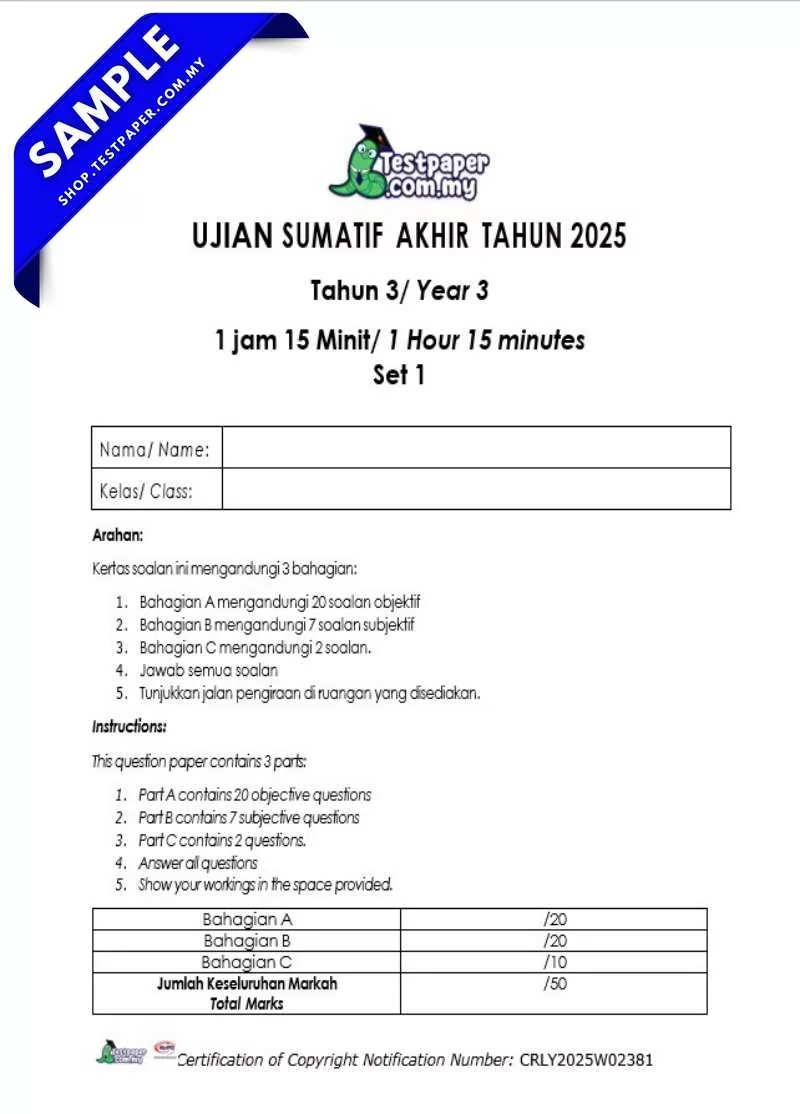 Dapatkan Ujian Matematik Akhir Tahun 3 2025 Dalam Word dan JSU