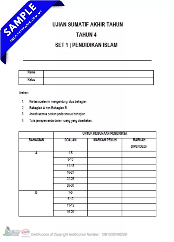 Bahan Ujian Akhir Pendidikan Islam Tahun 4 2025 Dalam Bentuk Word dan JSU KSSR