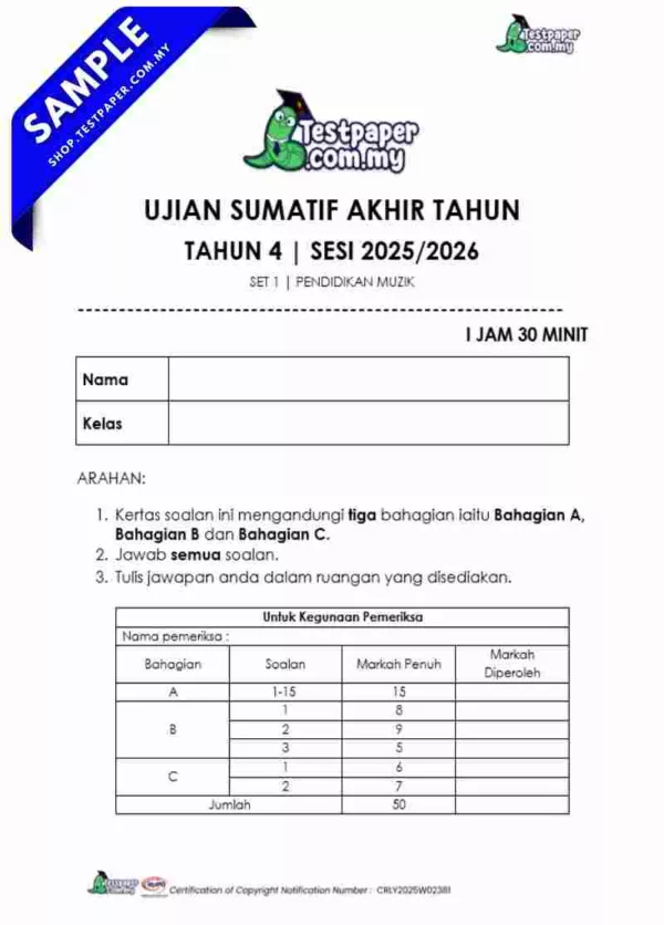 PDF Ujian Akhir Pendidikan Muzik Tahun 4 2025 Dalam Bentuk Word dan JSU KSSR