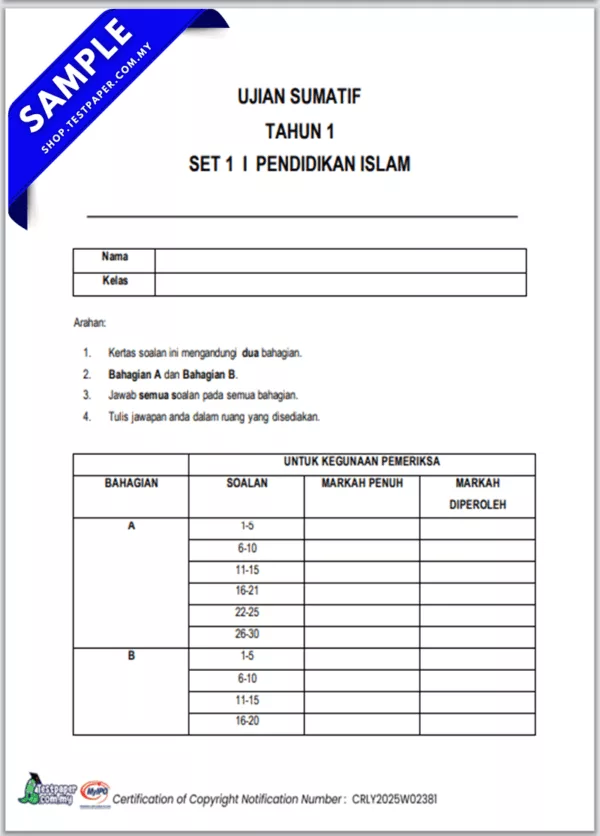 Muat Turun Ujian Akhir Pendidikan Islam Tahun 1 2025 Dalam Word+JSU Serta PDF Terkini
