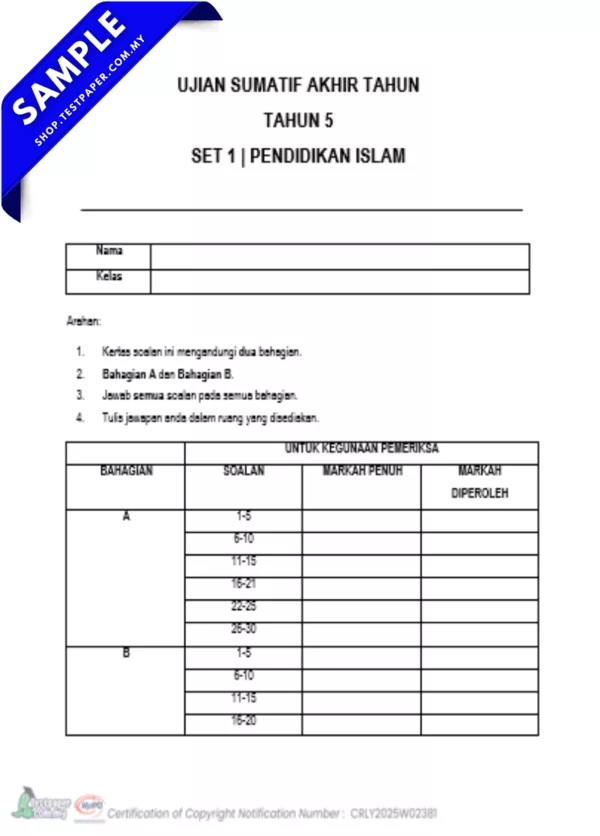 Muat Turun Kertas Ujian Akhir Pendidikan Islam Tahun 5 UASA 2025 yang Ada Dalam Word dan PDF JSU