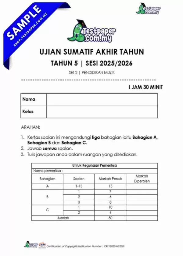Dokumen Ujian Akhir Pendidikan Muzik Tahun 5 UASA 2025 Disediakan Dalam PDF, Word dan JSU