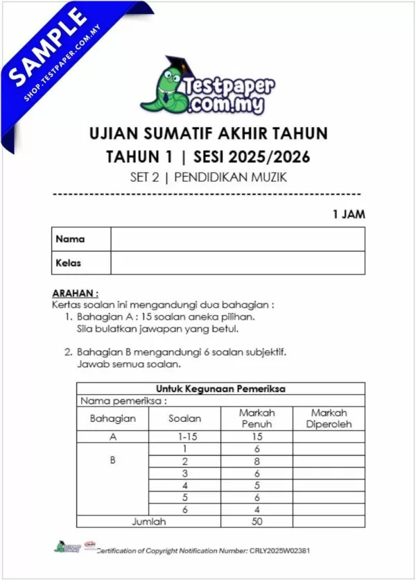 PDF Ujian Pendidikan Muzik Tahun 1 Akhir 2025 Ada Dalam Word + JSU Terkini - Image 3