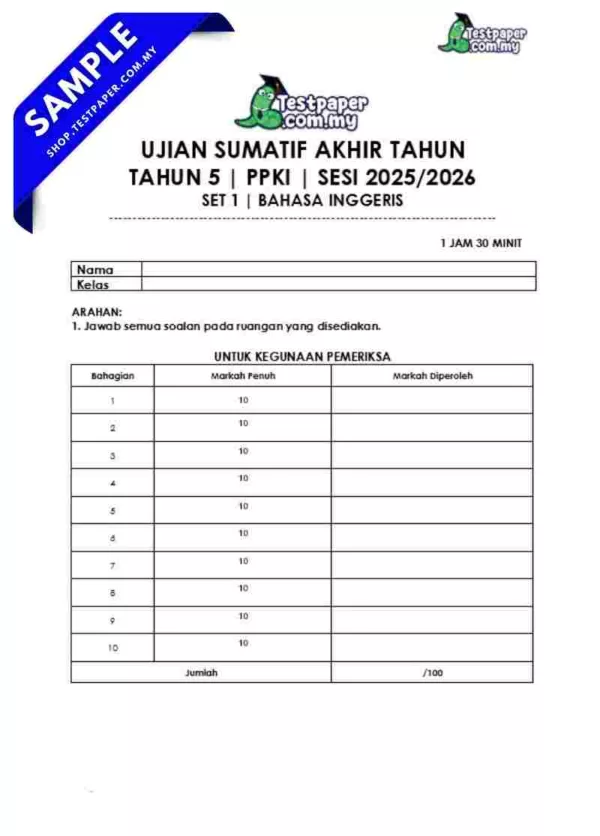 Bahan Soalan Akhir Tahun Bahasa Inggeris PPKI Tahun 5 2025 yang Terdapat PDF dan Word