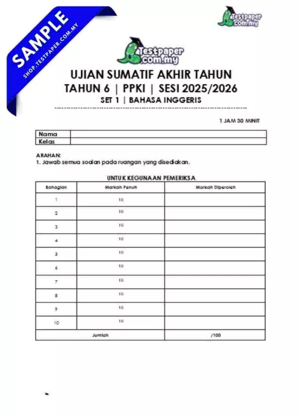 Bahan Soalan Akhir Tahun Bahasa Inggeris PPKI Tahun 6 2025 Dalam PDF dan Word