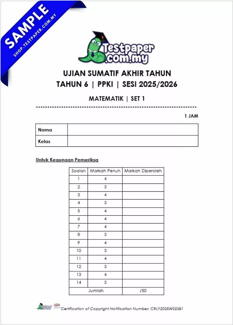 PDF Soalan Ujian Akhir Matematik PPKI Tahun 6 UASA 2025 yang Ada Dalam Word Juga