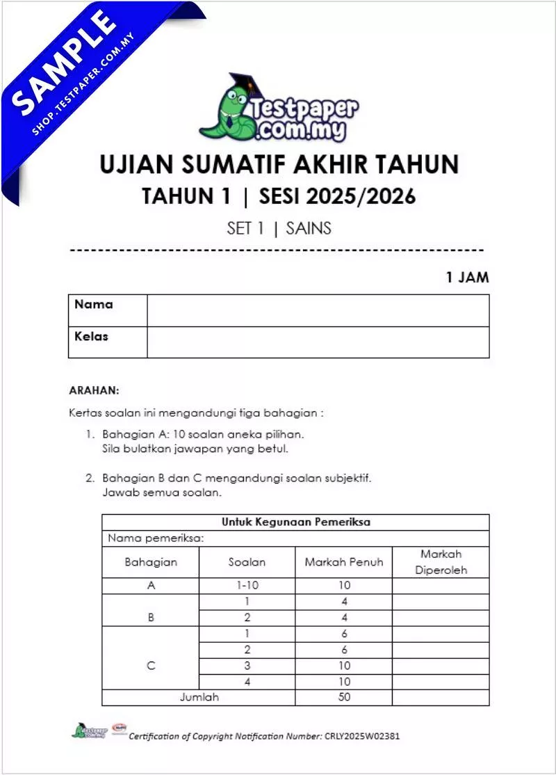 Dokumen Soalan Sains Tahun 1 Akhir Tahun 2025 untuk Guru dan Ibu Bapa