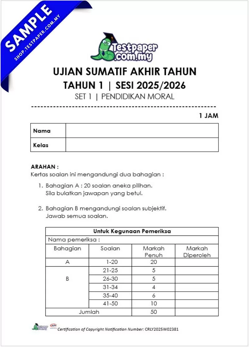 Bahan Ujian Pendidikan Moral Tahun 1 Akhir Tahun 2025 Disediakan Dalam PDF dan Word Serta JSU
