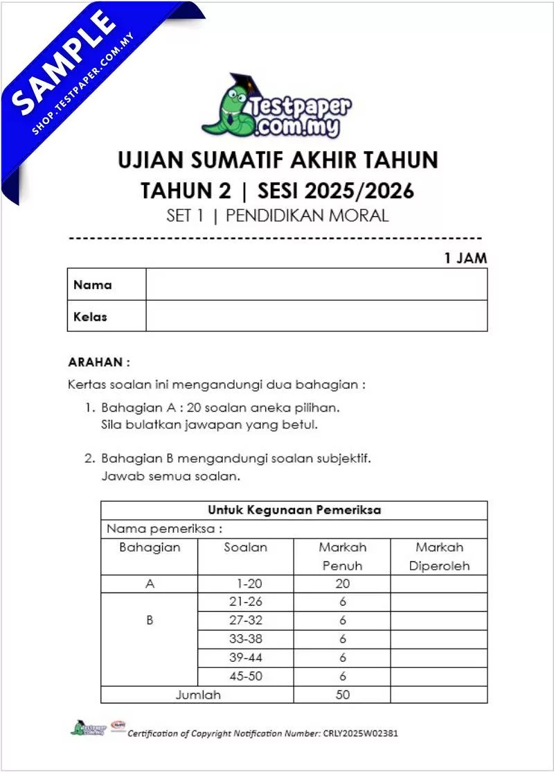 Download PDF Ujian Akhir Pendidikan Moral Tahun 2 2025 yang Ada Dalam Pakej Word dan JSU