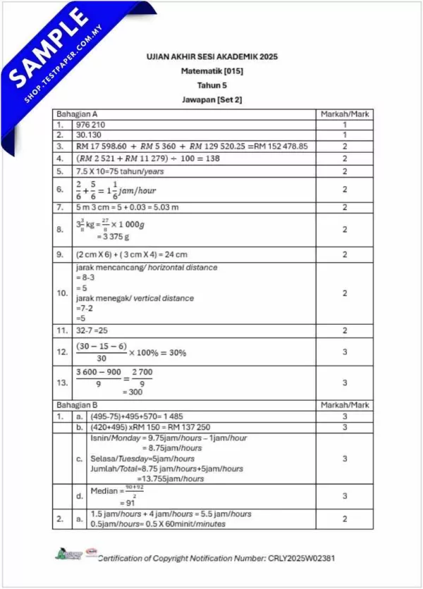 Download Soalan Matematik Akhir Tahun 5 2025 UASA Ada Dalam Word dan PDF Serta JSU JSI Terkini
