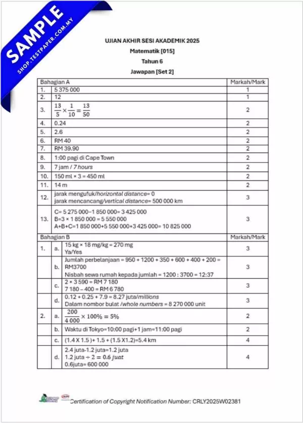 Dapatkan Ujian UASA Matematik Akhir Tahun 6 2025 Dengan Bahan PDF, Word, JSU dan JSI
