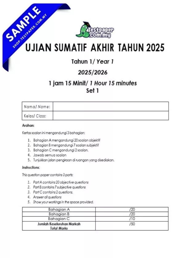 Koleksi Ujian Akhir Tahun 1 2025 Dalam Bentuk PDF, Word dan JSU untuk Guru