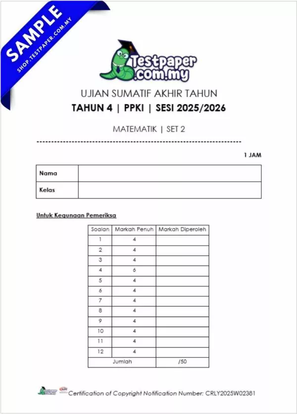 Soalan Ujian Akhir Matematik PPKI Tahun 4 2025 Dalam Bentuk Word dan PDF