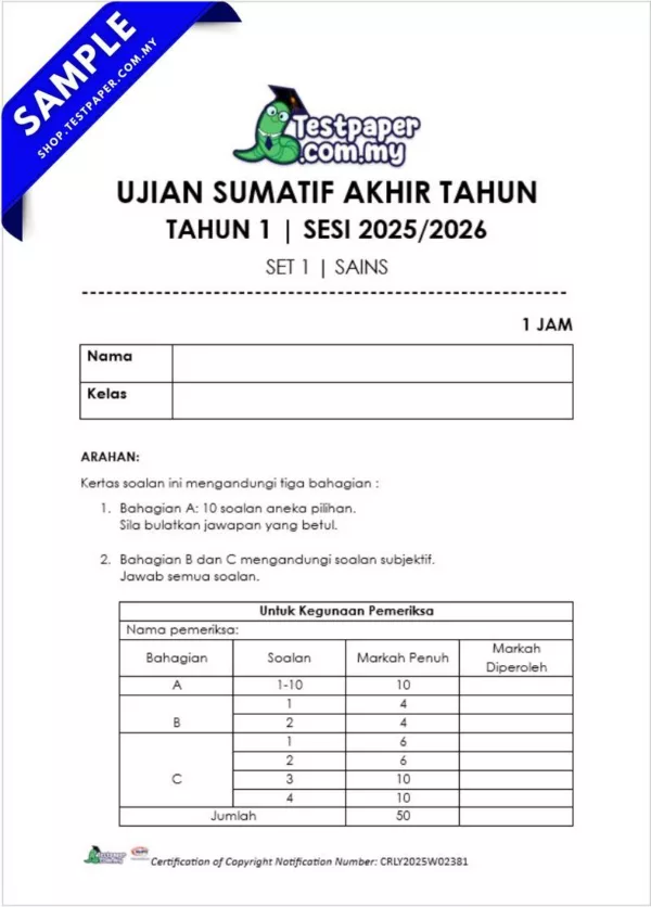 Koleksi Ujian Akhir Tahun 1 2025 Dalam Bentuk PDF, Word dan JSU untuk Guru