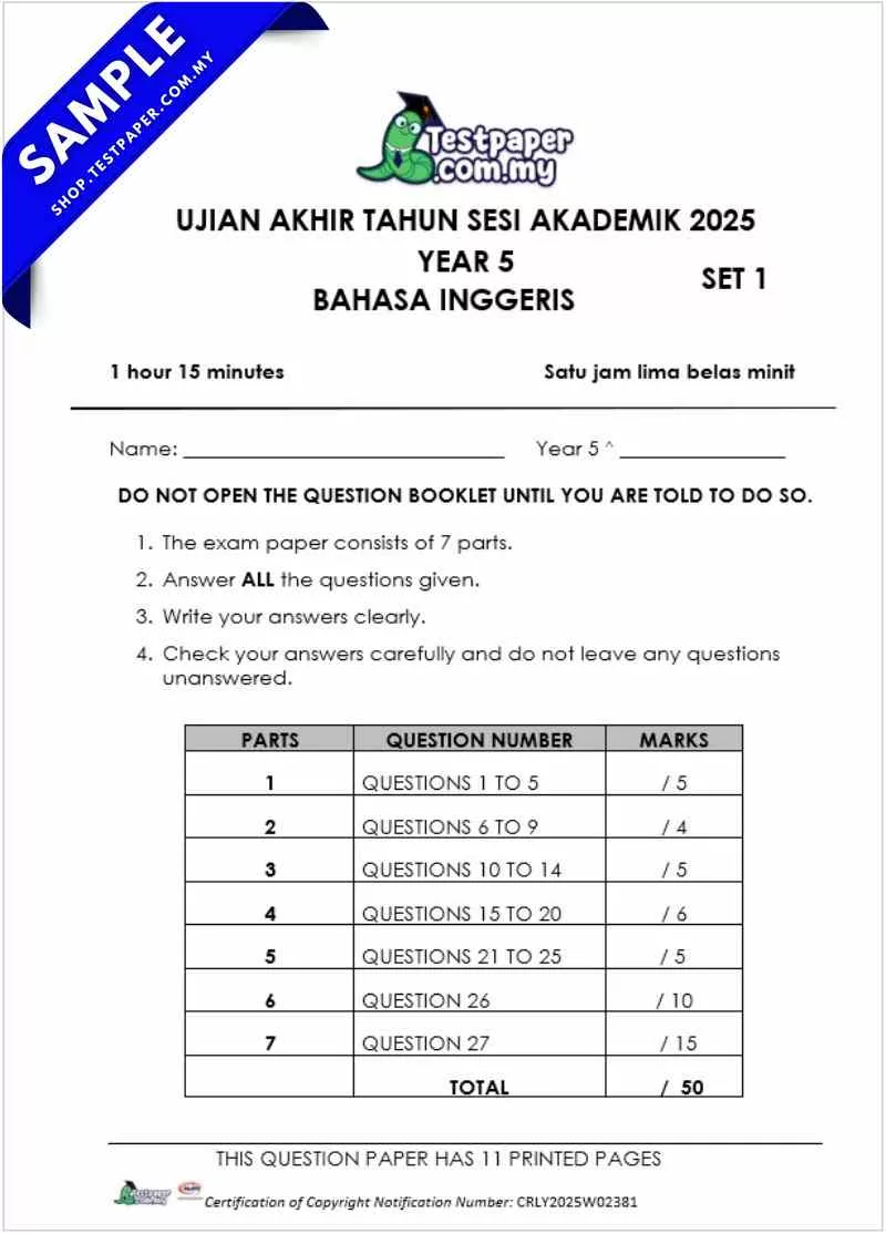 Dapatkan Soalan Akhir Bi Tahun 5 UASA 2025 Yang Disediakan Dalam PDF, Word dan JSU Serta JSI