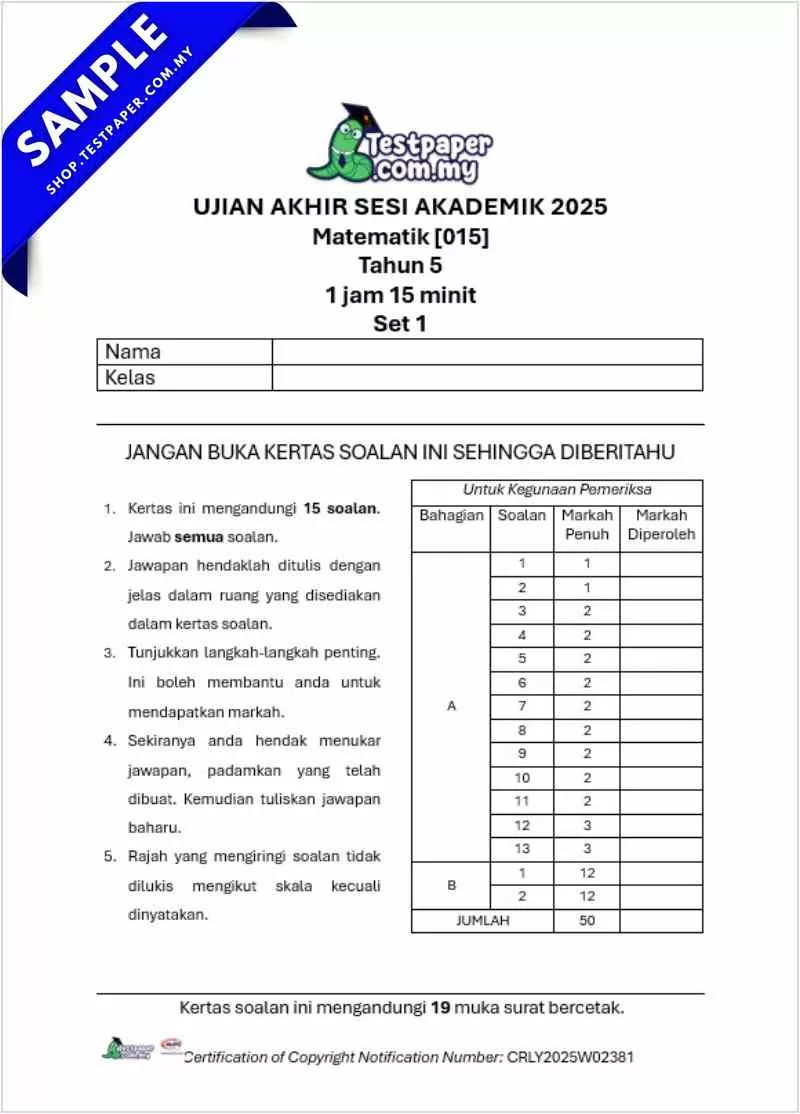 Download Soalan Matematik Akhir Tahun 5 2025 UASA Ada Dalam Word dan PDF Serta JSU JSI Terkini