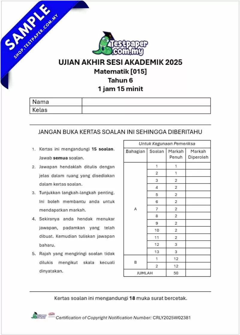Dapatkan Ujian UASA Matematik Akhir Tahun 6 2025 Dengan Bahan PDF, Word, JSU dan JSI