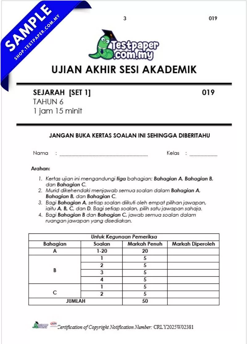 Kertas Ujian Akhir UASA Sejarah Tahun 6 2025 Dalam PDF, Word dan JSU