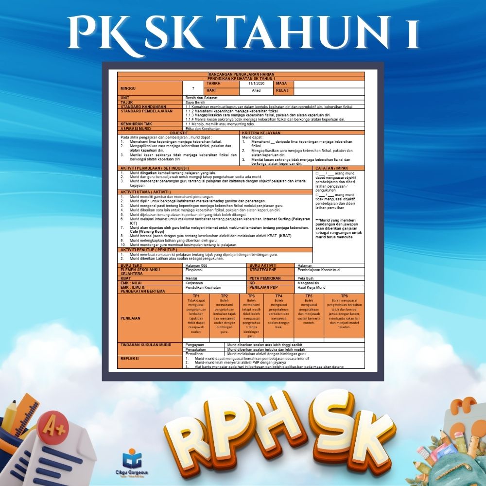 Dokumen Lengkap RPH dan RPT Pendidikan Kesihatan Tahun 1 2026 Setahun 38–40 Minggu Terbaik 3 Dokumen Lengkap RPH dan RPT Pendidikan Kesihatan Tahun 1 2026 Setahun 38–40 Minggu Terbaik