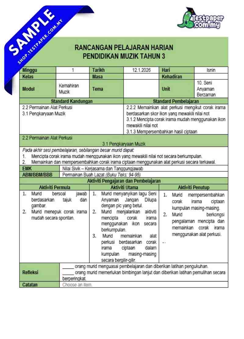 Dokumen Word RPT RPH Pendidikan Muzik Tahun 3 2026 Mengikut DSKP 4 Dokumen Word RPT RPH Pendidikan Muzik Tahun 3 2026 Mengikut DSKP