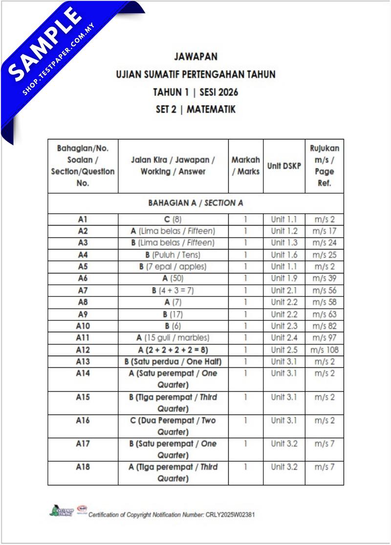 Modul Ujian UPSA Matematik Tahun 1 2026 Terkini Dalam Word dan JSU Untuk Ujian Pertengahan Tahun 7 Modul Ujian UPSA Matematik Tahun 1 2026 Terkini Dalam Word dan JSU Untuk Ujian Pertengahan Tahun