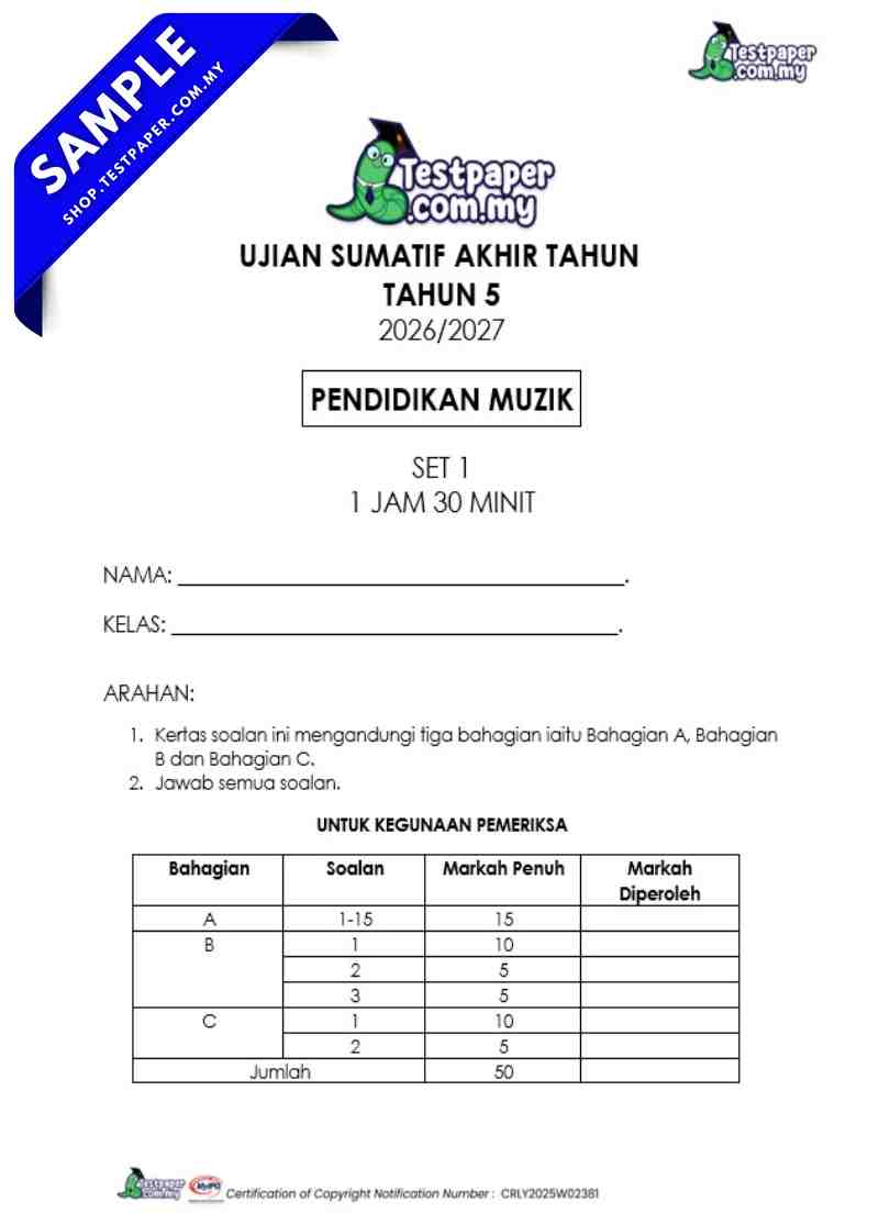 Dapatkan Ujian Akhir Tahun Pendidikan Muzik Tahun 5 2026 UASA/PAT Ada PDF dan Word Ada JSU 3 Ujian Akhir Tahun Pendidikan Muzik Tahun 5 2026