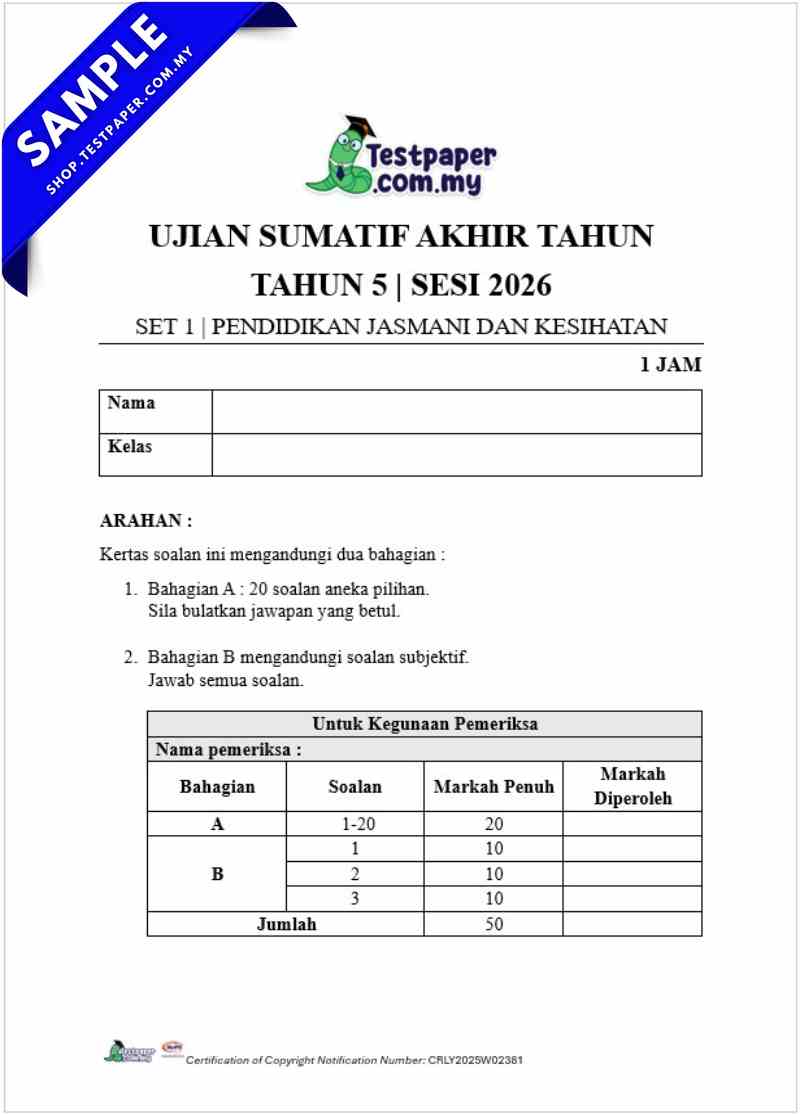 Download Ujian Akhir Tahun PJPK Tahun 5 2026 UASA/PAT Ada PDF dan Word Ada JSU 3 Ujian Akhir Tahun PJPK Tahun 5 2026