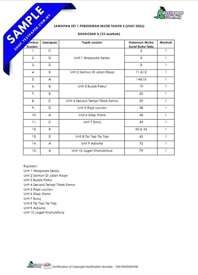 Dapatkan Ujian Akhir Tahun Pendidikan Muzik Tahun 5 2026 UASA/PAT Ada PDF dan Word Ada JSU 7 Ujian Akhir Tahun Pendidikan Muzik Tahun 5 2026